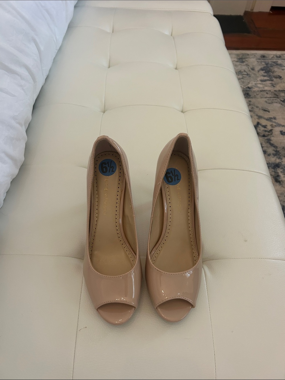 Adrienne Vittadini Nude Patent Peep-Toe Heels